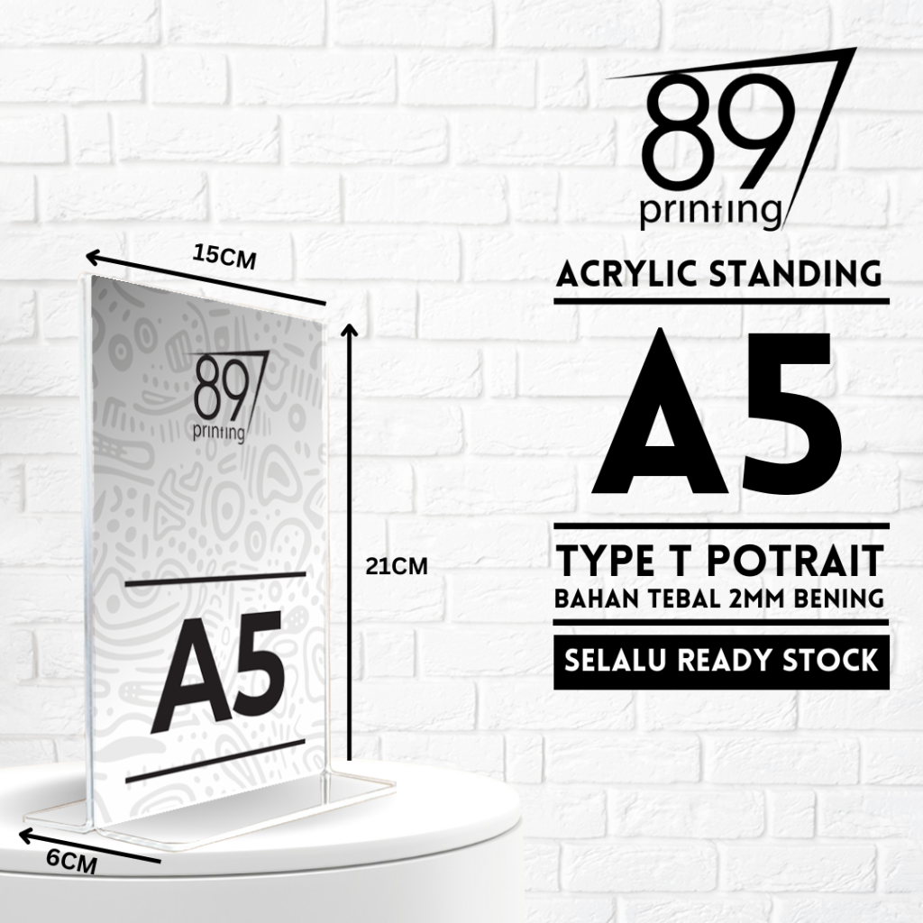 akrilik a5 display 2mm bening tampak depan
display menu akrilik a5 untuk meja kasir
stand akrilik a5 bening model l-stand